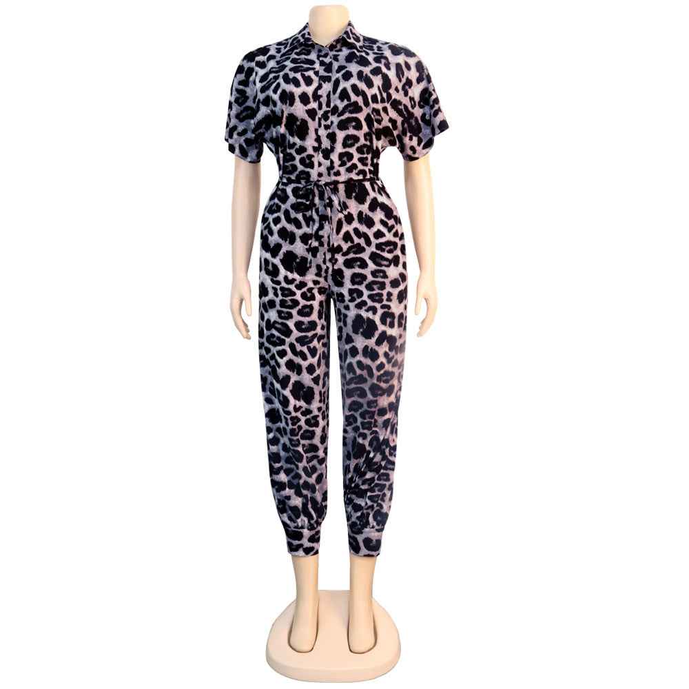Leopard Print Lace up Collared One Piece Nightclub Uniform Jumpsuit
