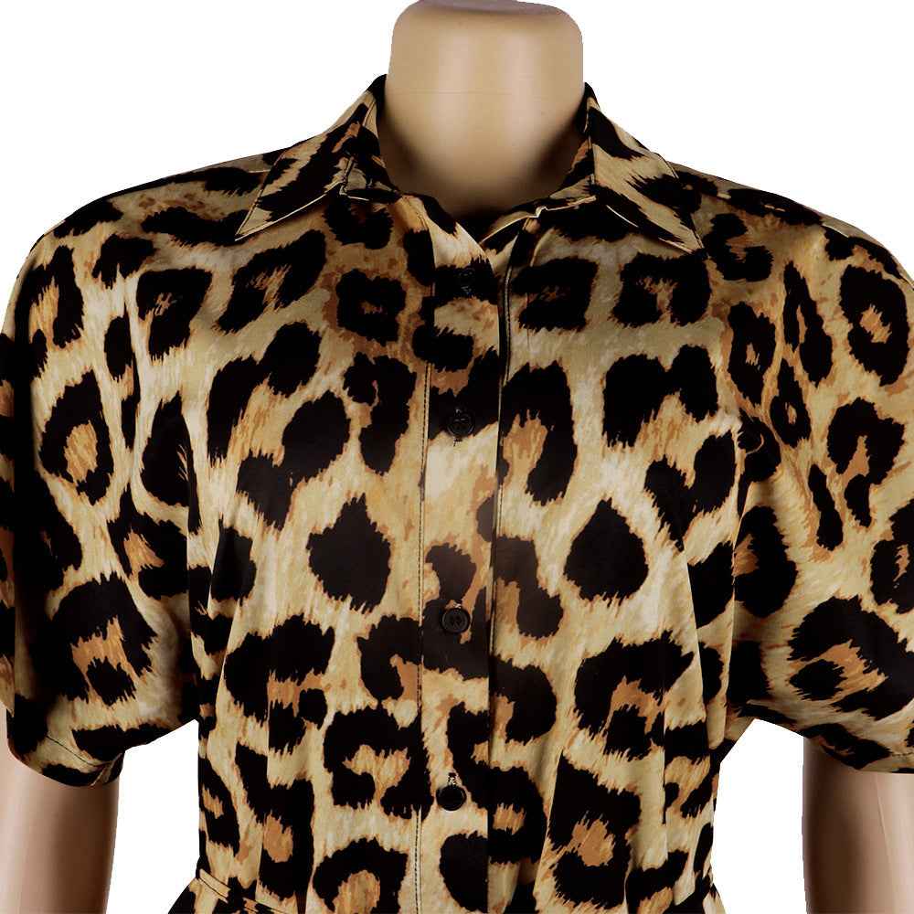 Leopard Print Lace up Collared One Piece Nightclub Uniform Jumpsuit