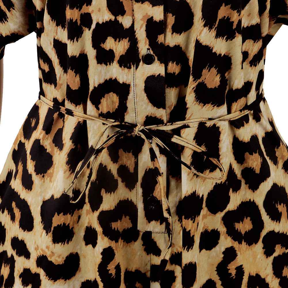 Leopard Print Lace up Collared One Piece Nightclub Uniform Jumpsuit