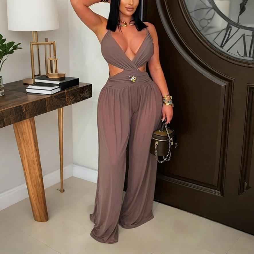 Sexy V neck Lace up Backless See through Sexy Jumpsuit Women