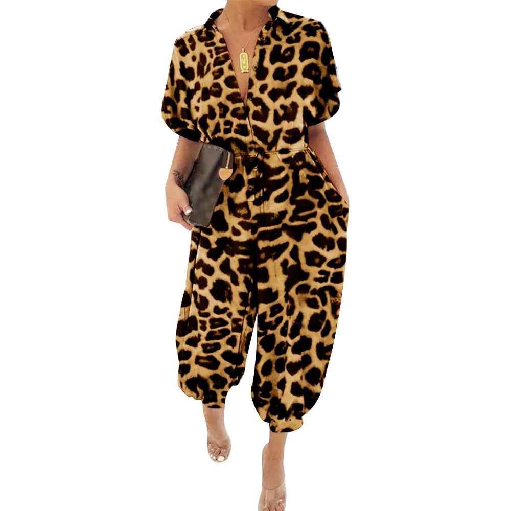 Leopard Print Lace up Collared One Piece Nightclub Uniform Jumpsuit