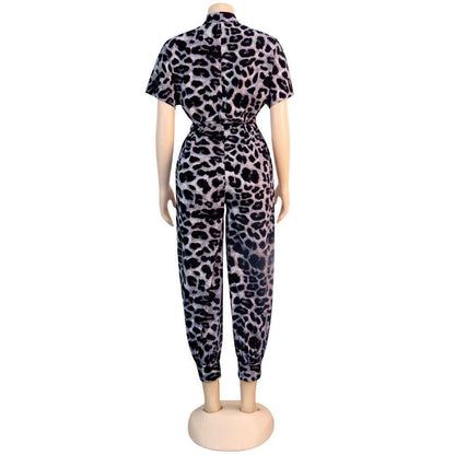 Leopard Print Lace up Collared One Piece Nightclub Uniform Jumpsuit