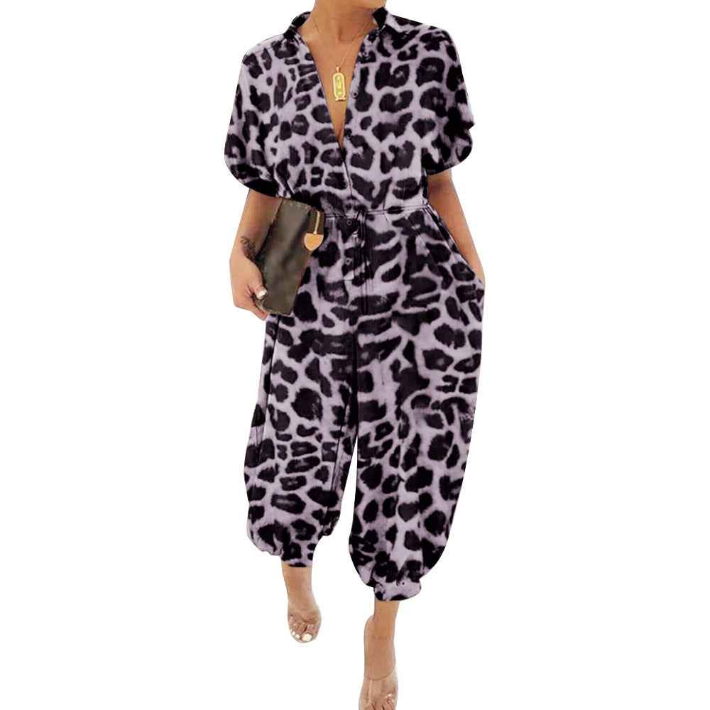 Leopard Print Lace up Collared One Piece Nightclub Uniform Jumpsuit