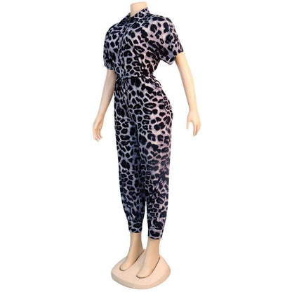 Leopard Print Lace up Collared One Piece Nightclub Uniform Jumpsuit