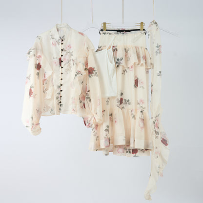 Designer Floral Skirt Set Women's Halter Top Three Piece Set