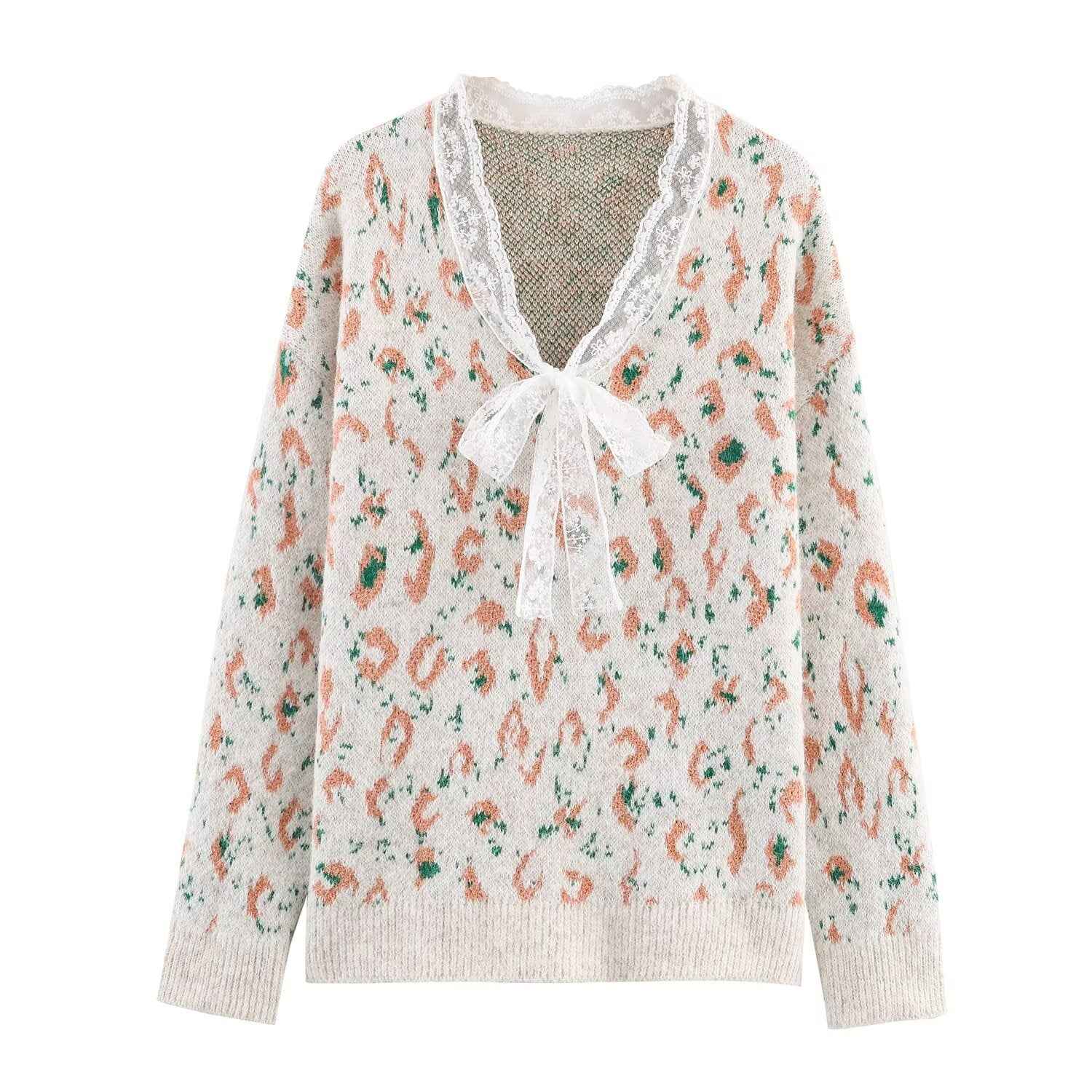Casual Lace Leopard Print Pullover Sweater