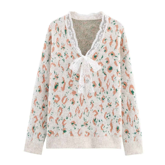 Casual Lace Leopard Print Pullover Sweater