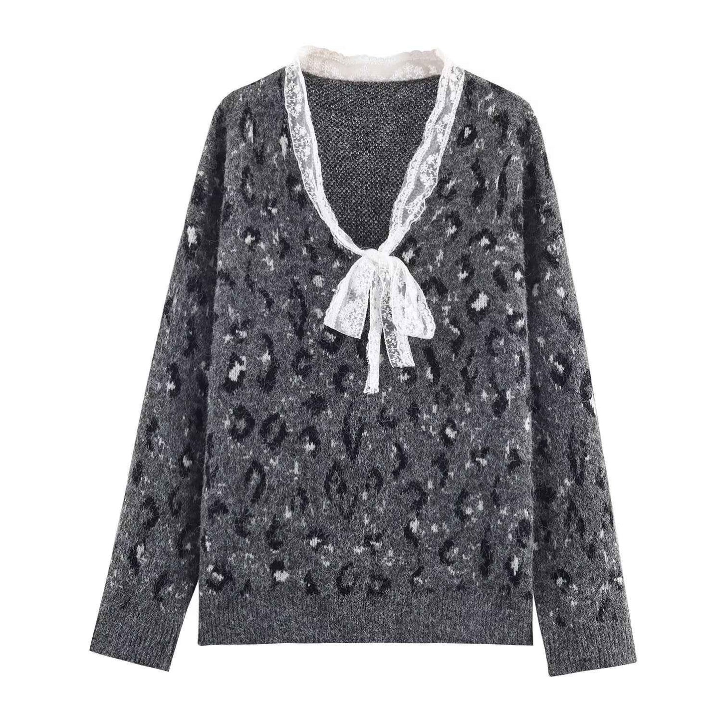 Casual Lace Leopard Print Pullover Sweater