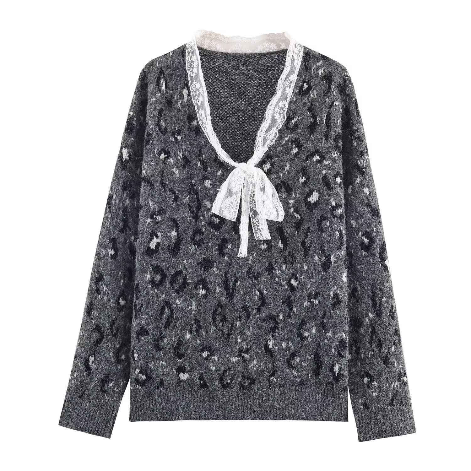 Casual Lace Leopard Print Pullover Sweater