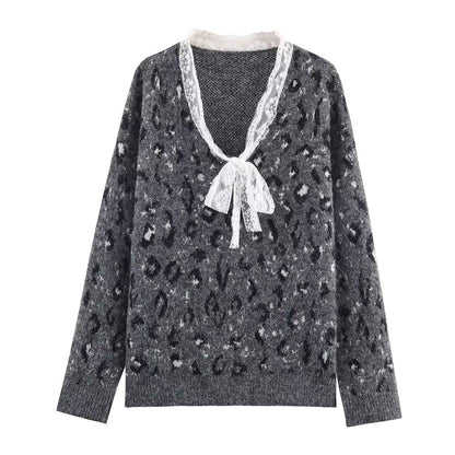Casual Lace Leopard Print Pullover Sweater