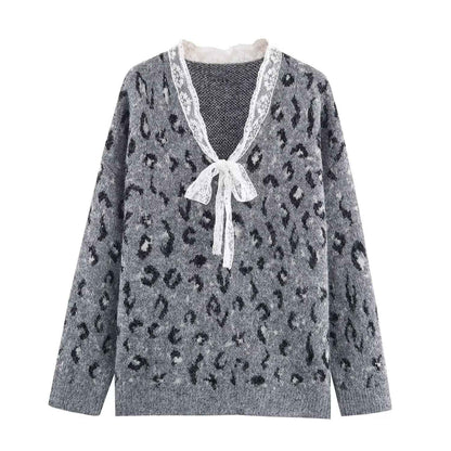 Casual Lace Leopard Print Pullover Sweater