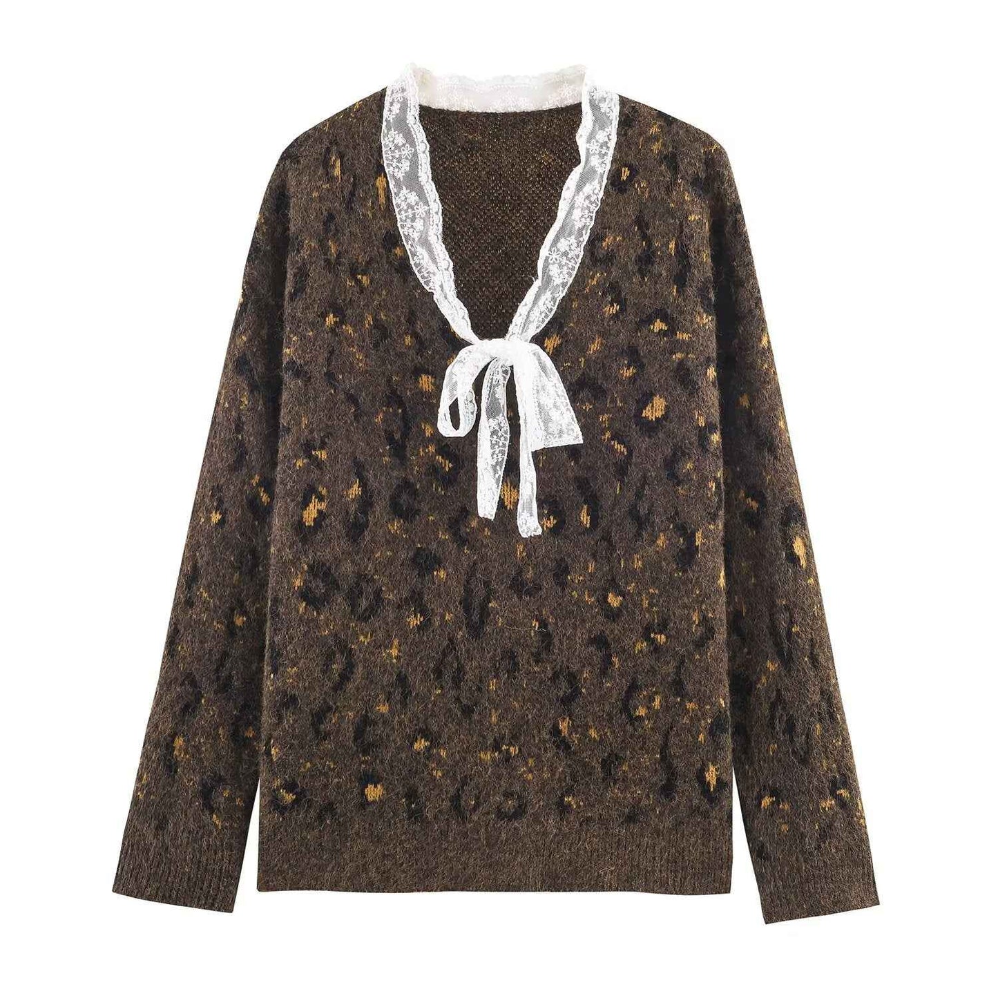 Casual Lace Leopard Print Pullover Sweater