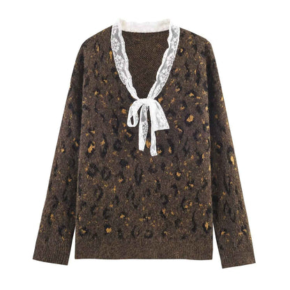 Casual Lace Leopard Print Pullover Sweater