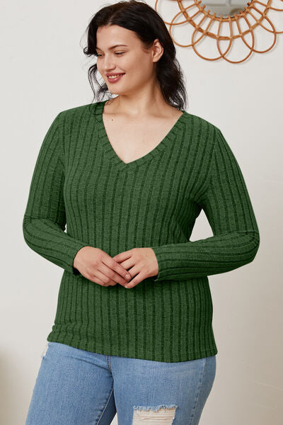 Full Size Ribbed V-Neck Long Sleeve T-Shirt - Munsieur