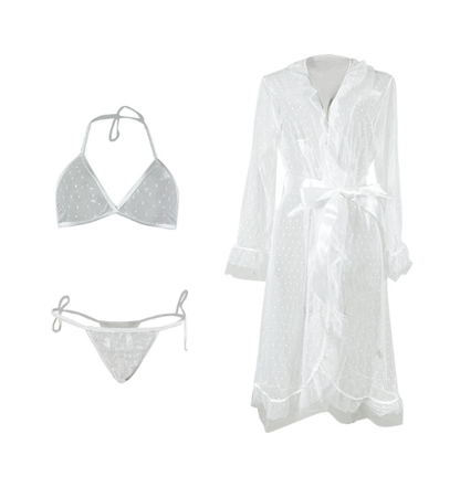 See through Nightgown Ruffled Lace up Sleepwear Set