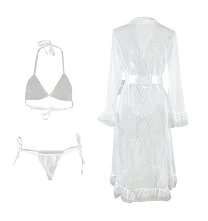 See through Nightgown Ruffled Lace up Sleepwear Set