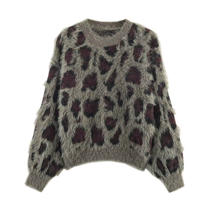 Leopard Jacquard Pullover Knitted Long Sleeve Sweater