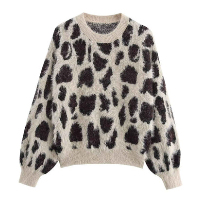 Leopard Jacquard Pullover Knitted Long Sleeve Sweater