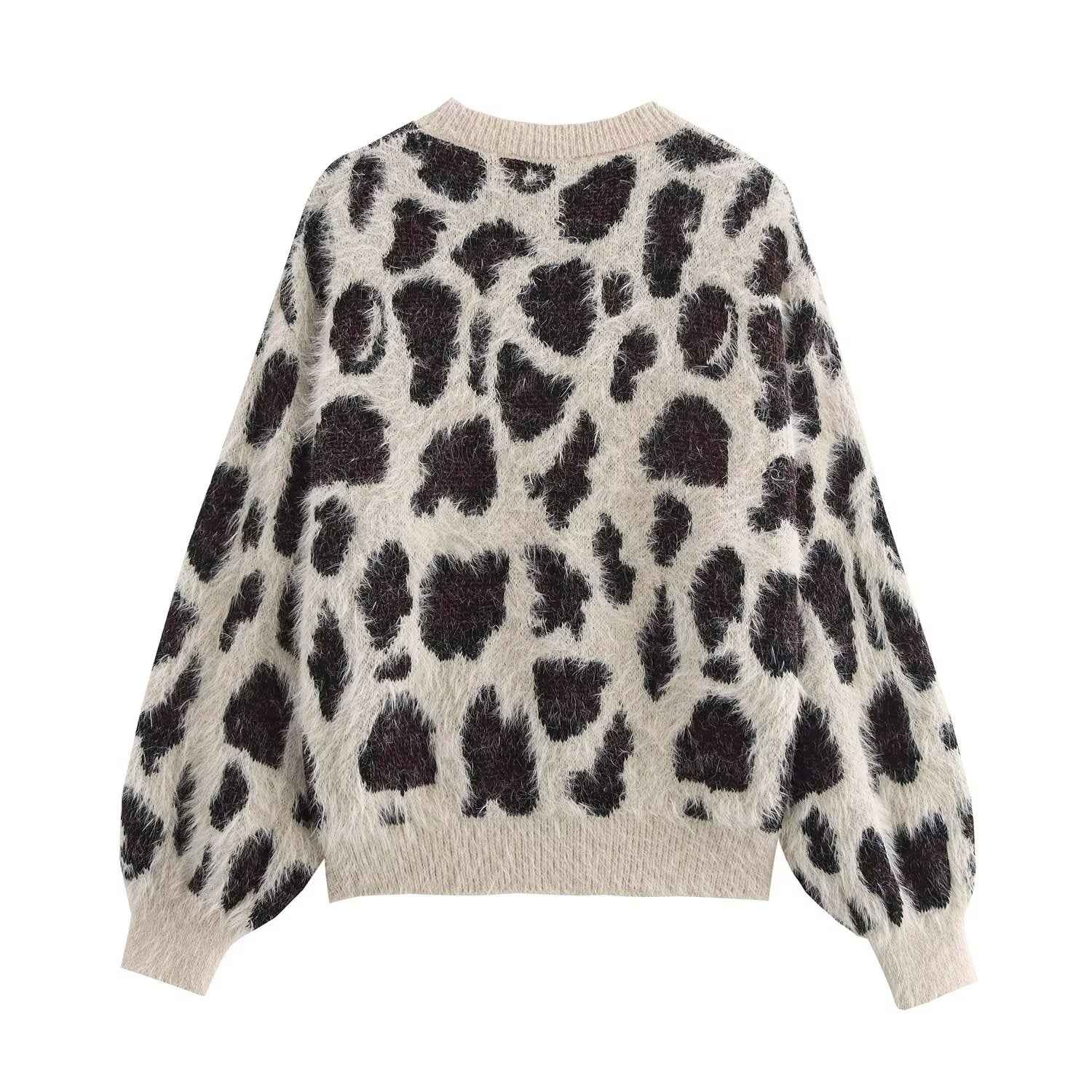 Leopard Jacquard Pullover Knitted Long Sleeve Sweater