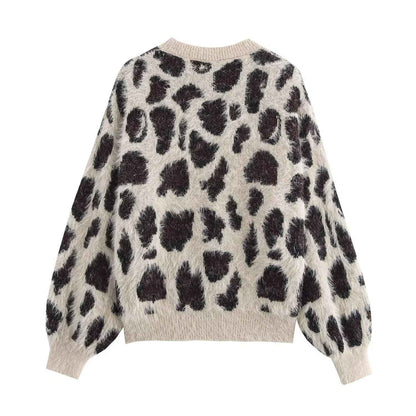 Leopard Jacquard Pullover Knitted Long Sleeve Sweater