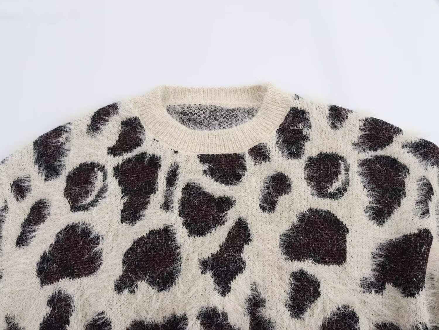 Leopard Jacquard Pullover Knitted Long Sleeve Sweater