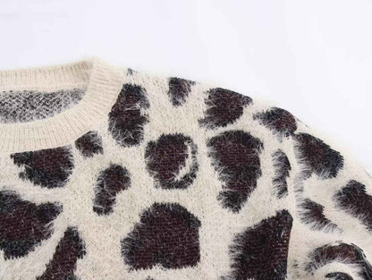Leopard Jacquard Pullover Knitted Long Sleeve Sweater