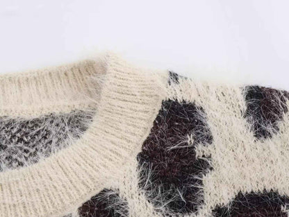 Leopard Jacquard Pullover Knitted Long Sleeve Sweater