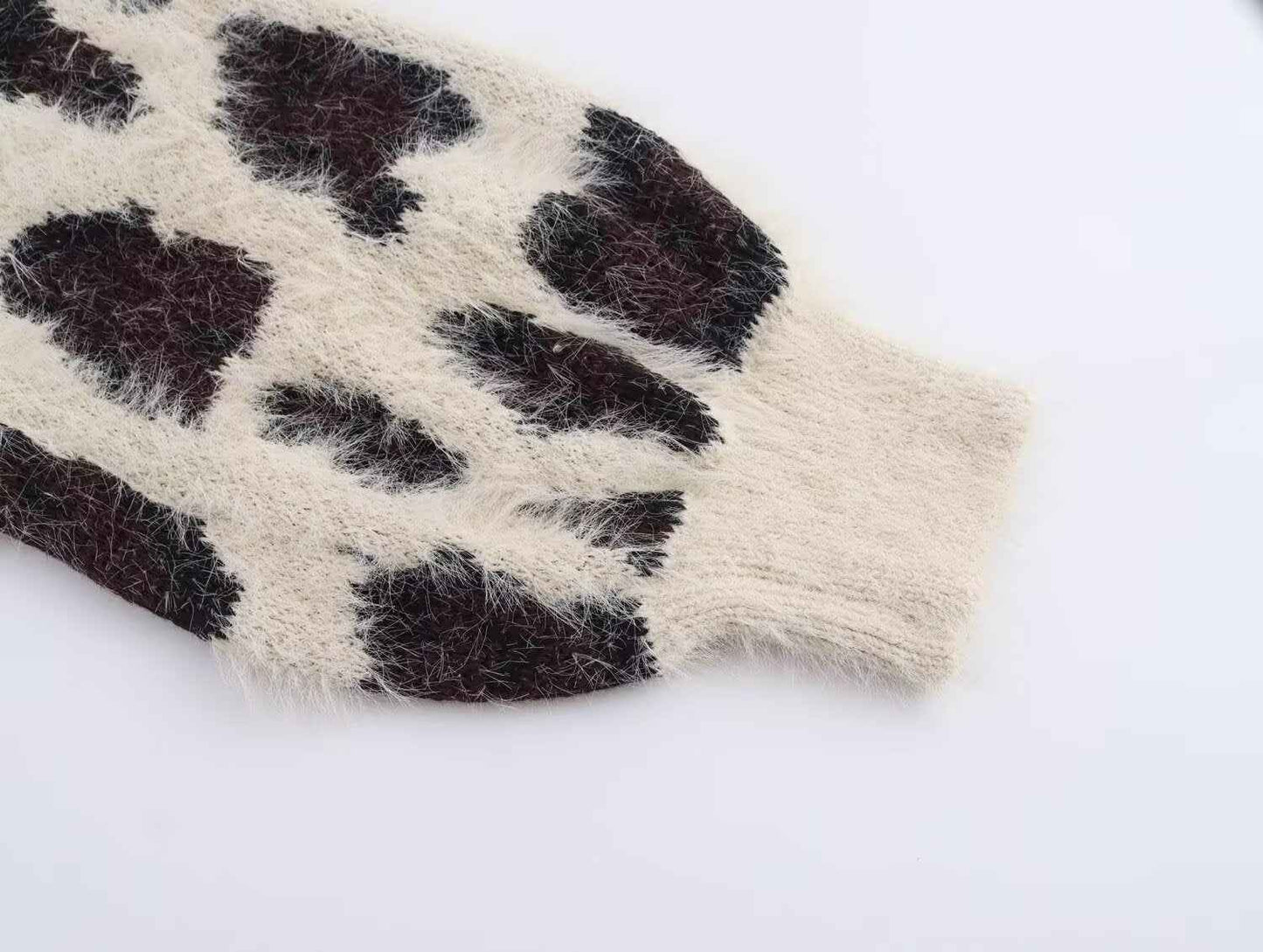 Leopard Jacquard Pullover Knitted Long Sleeve Sweater