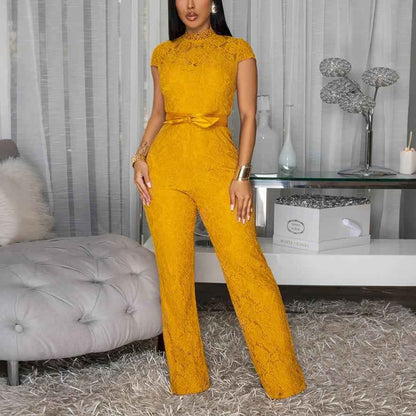 Round Neck Short Sleeve Lace Jumpsuit Wide Leg Pants Women Solid Color Trousers