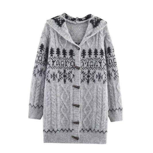 Stylish Simple Hooded Horn Button Knitted Jacket
