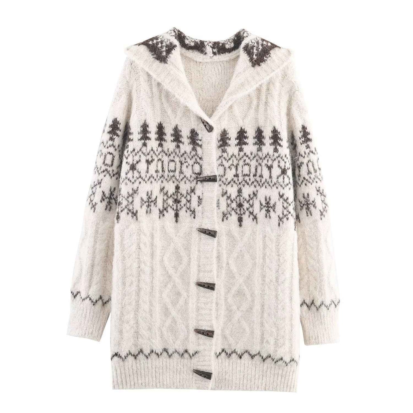 Stylish Simple Hooded Horn Button Knitted Jacket