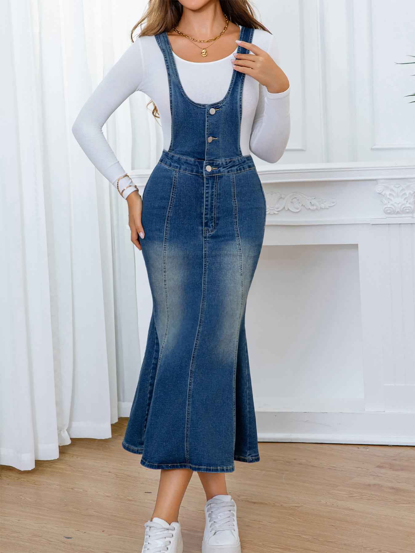 Large Stretch Fishtail Women's Denim Jumpsuit