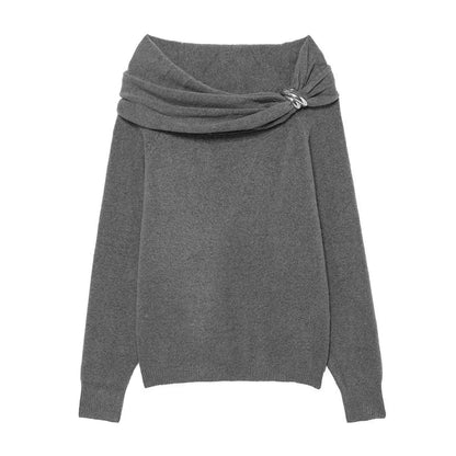 All Match Metal Inlaid Shoulder Baring Sweater