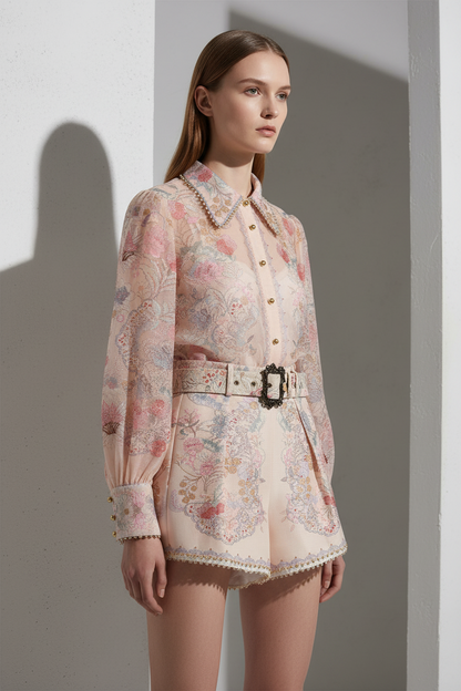 Women's Slimming and Figure Enhancing Beaded Lapel Long Sleeved Blouse And Bottoms Set