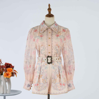 Women's Slimming and Figure Enhancing Beaded Lapel Long Sleeved Blouse And Bottoms Set