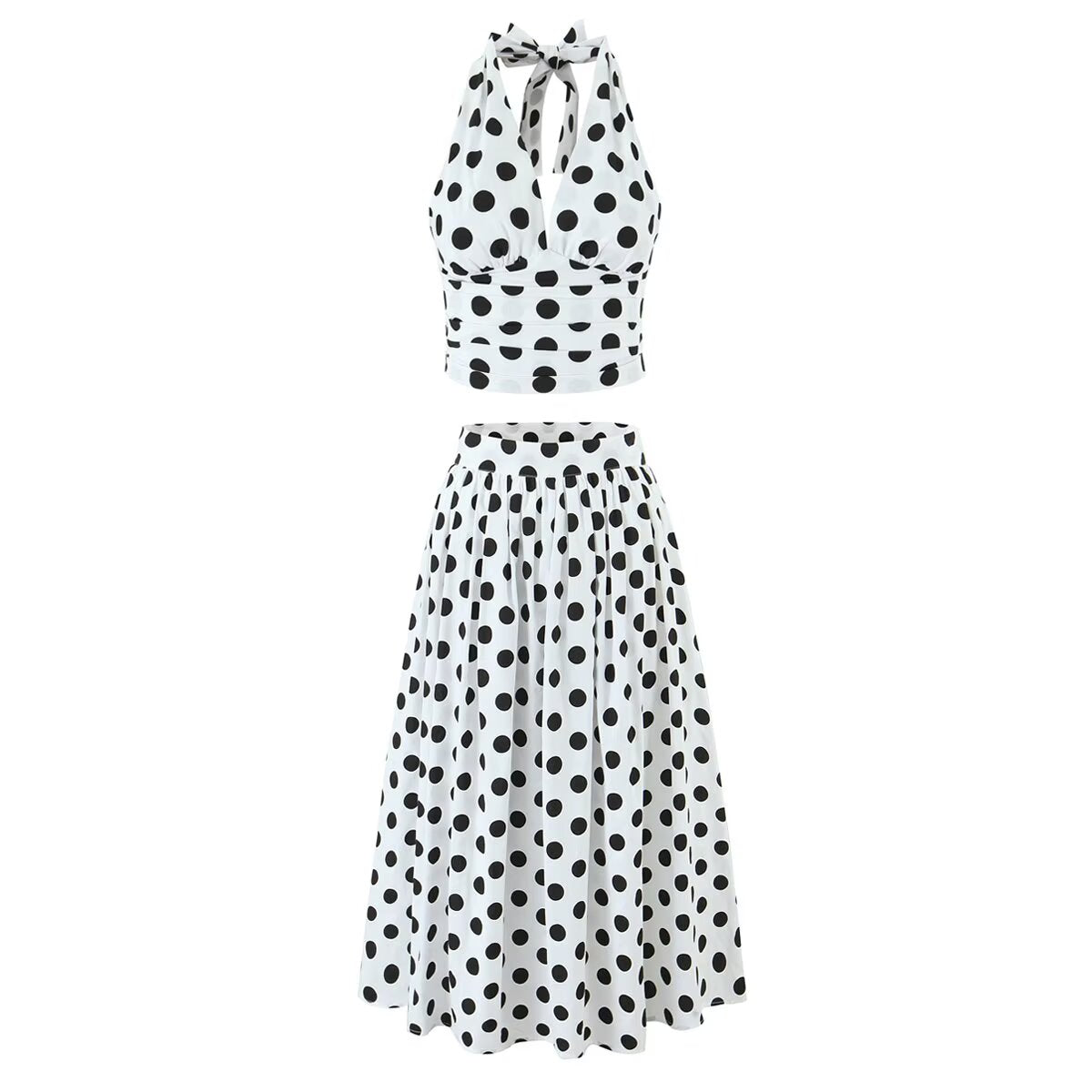 Summer Polka Dot High Waist Slimming Mid Length Big Hem A line Skirt Set