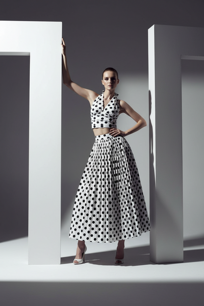 Summer Polka Dot High Waist Slimming Mid Length Big Hem A line Skirt Set