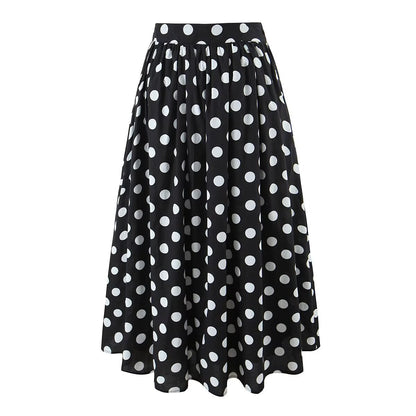 Summer Polka Dot High Waist Slimming Mid Length Big Hem A line Skirt Set