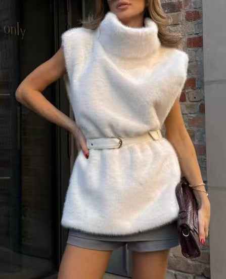 All Match Sleeveless Series Turtleneck Faux Fur Sweater Vest