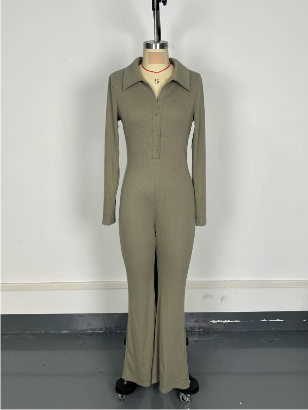 Polo Collar Knitted Long Sleeved Jumpsuit for Women