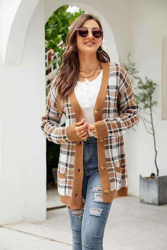 Plaid Sweater Knitted Cardigan