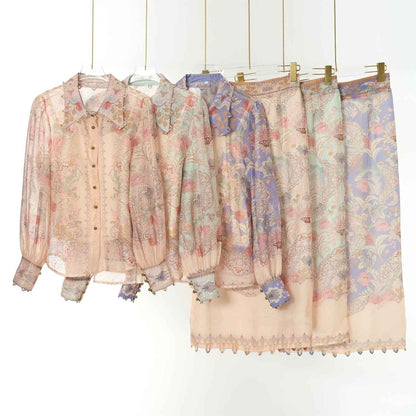 Women's Floral Patterned Blouse and Skirt Two Piece Sets