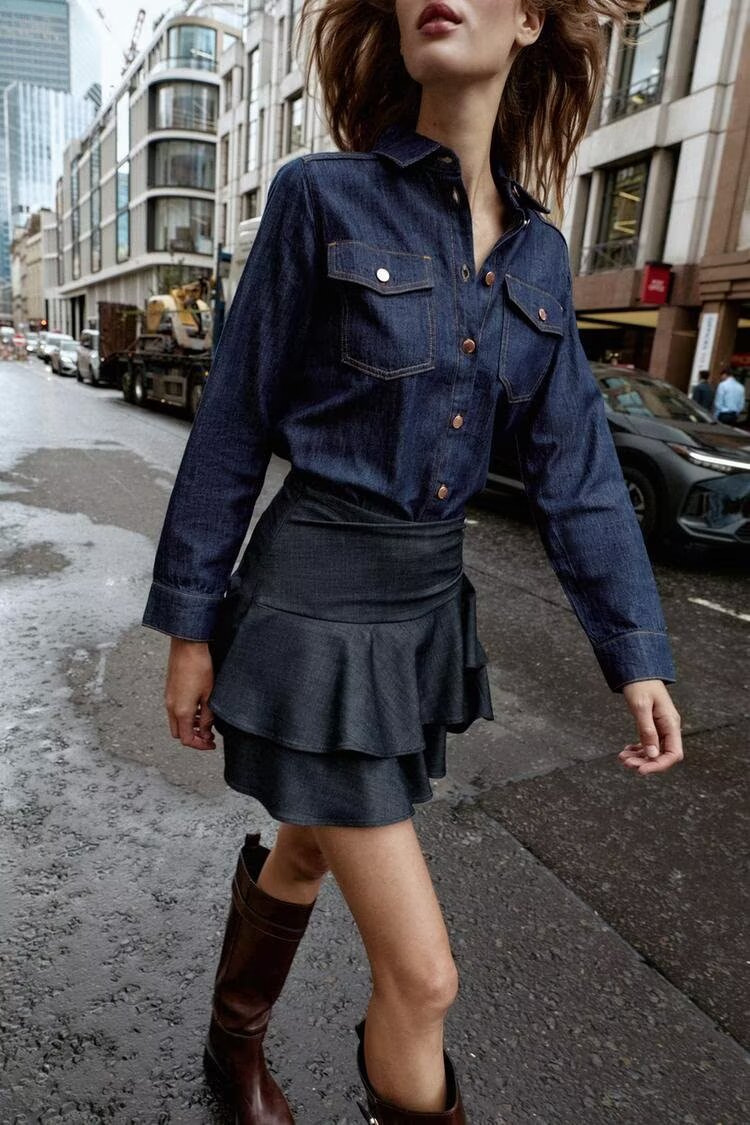 Dark Blue Denim Blouse Polo Collar