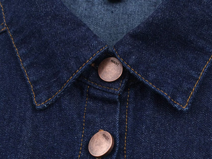 Dark Blue Denim Blouse Polo Collar