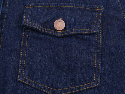 Dark Blue Denim Blouse Polo Collar