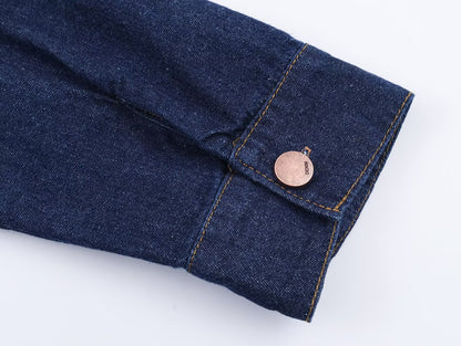 Dark Blue Denim Blouse Polo Collar