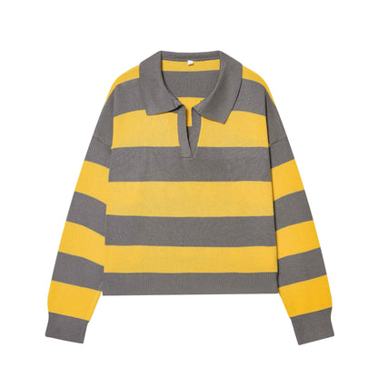 Striped Polo Collar Long Sleeved Sweater
