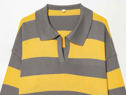 Striped Polo Collar Long Sleeved Sweater