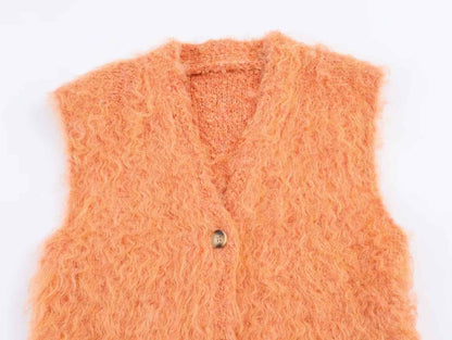 Plush Button Sleeveless Sweater Vest