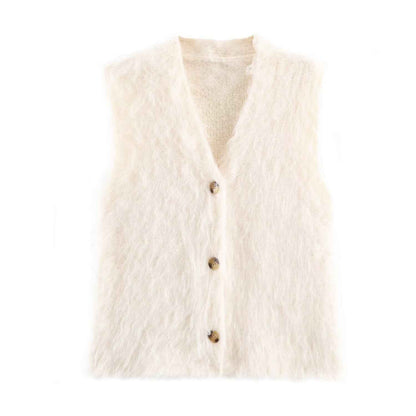 Plush Button Sleeveless Sweater Vest